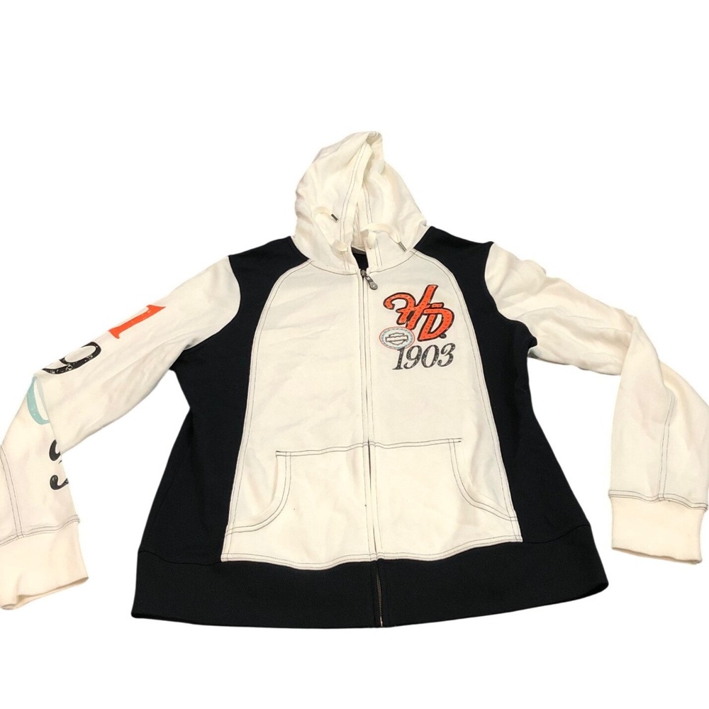 Harley Davidson Full Zip Hoodie Womens XL White Black Colorblock 1903 Graphic